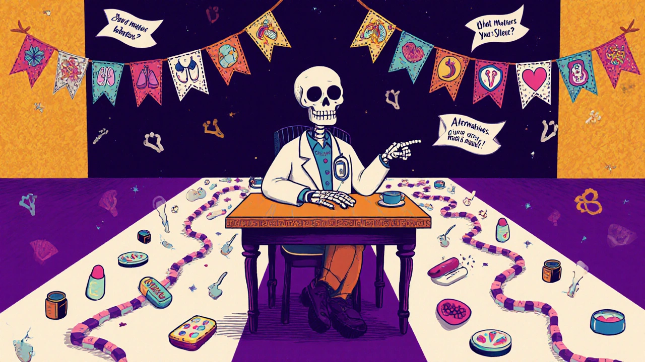 A patient facing two pill paths with medical icons, guided by a skeletal doctor under papel picado banners.