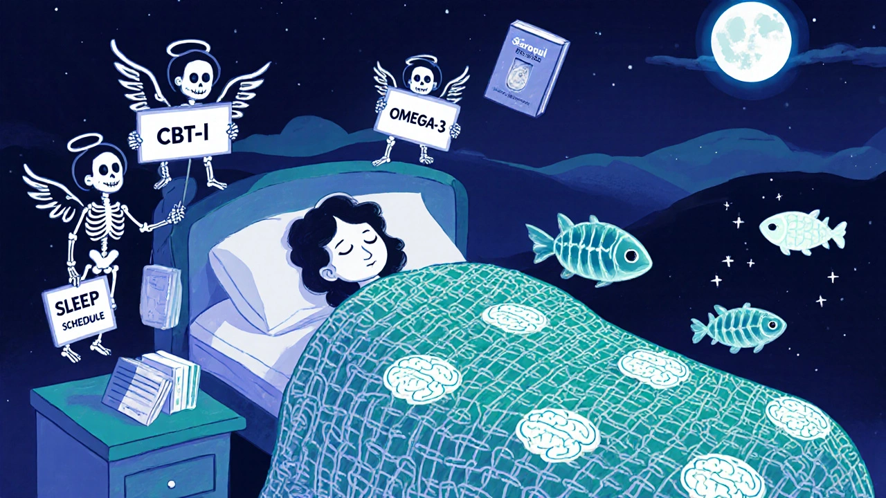 A peaceful sleeper under a brain-pattern quilt, with therapy symbols and glowing fish floating nearby in a calm night scene.