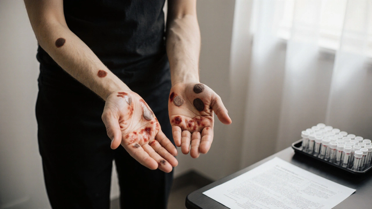 Adult with characteristic palm and sole rash of secondary syphilis in a clinical exam room, lab tubes nearby.
