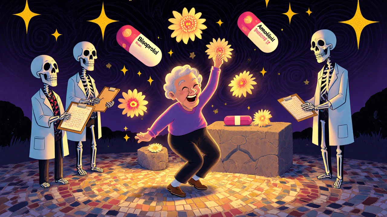 An elderly person dancing with glowing medication marigolds while skeletons observe with clipboards in vibrant Day of the Dead scene.