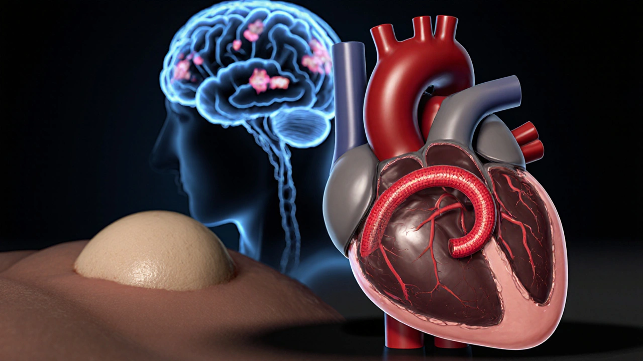 Artistic view of heart aneurysm, brain lesions, and skin gumma illustrating tertiary syphilis damage.