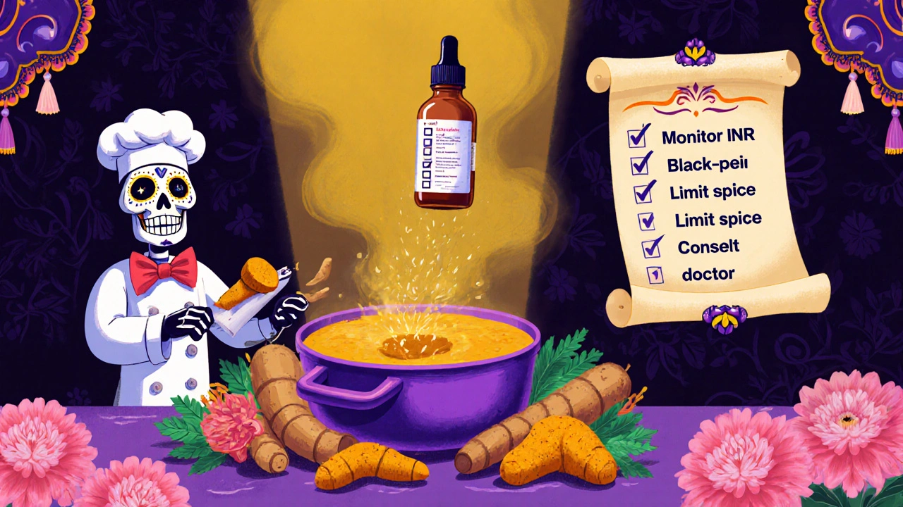 Chef adding fresh turmeric to a pot, pharmacist offering black‑pepper‑free supplement, checklist floating.