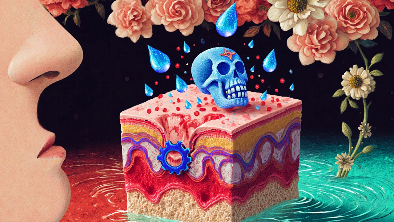 Cross‑section of skin showing sugar‑skull melanocytes, azelaic acid blocking tyrosinase, and inflammation turning to calm blue.