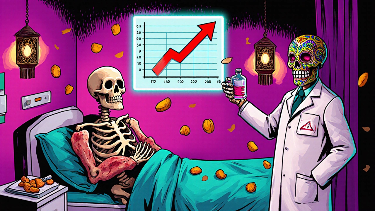 Day of the Dead style patient with bruises and rising INR chart in a hospital setting.