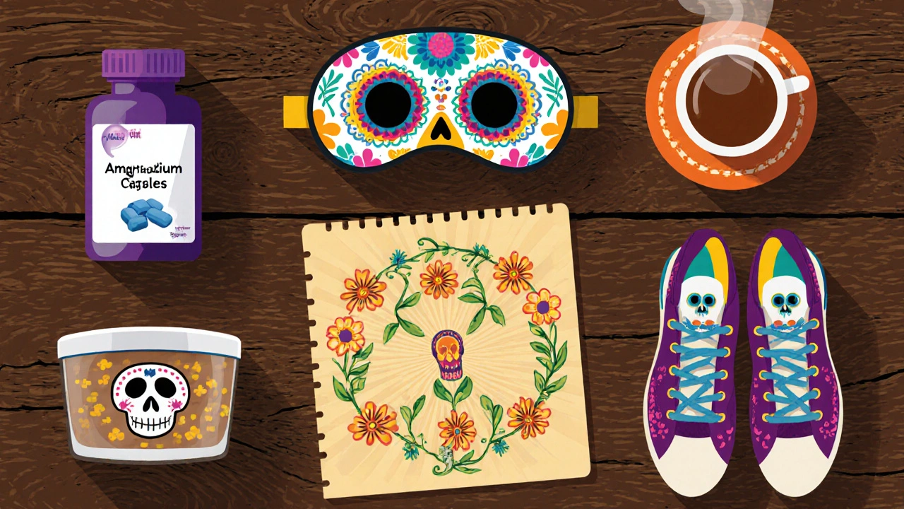 Day of the Dead‑styled toolkit with supplements, sleep mask, shoes, and breathing icons.