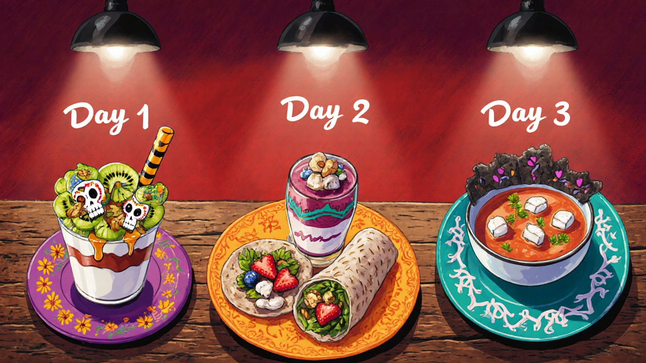 Day of the Dead themed three‑day meal spread with bright foods.