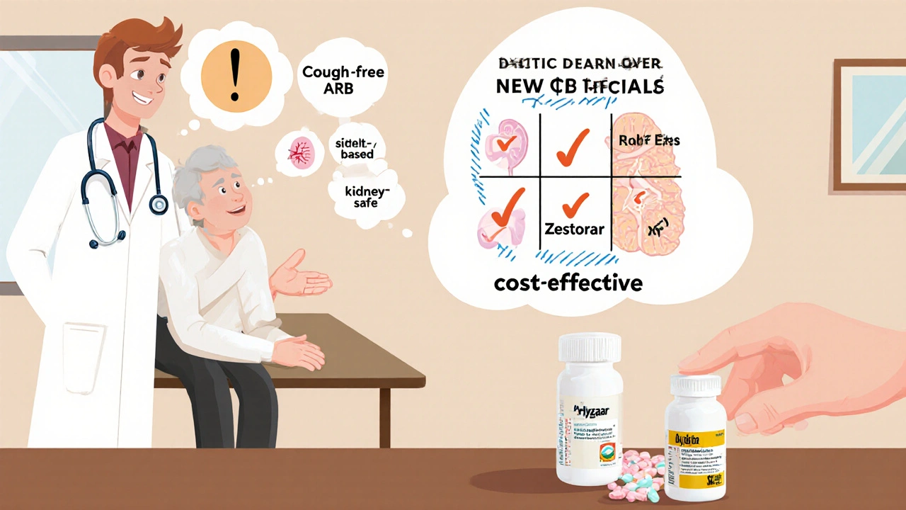 Doctor and patient discussing medication; thought bubbles show cough, potassium, kidney, and cost factors.