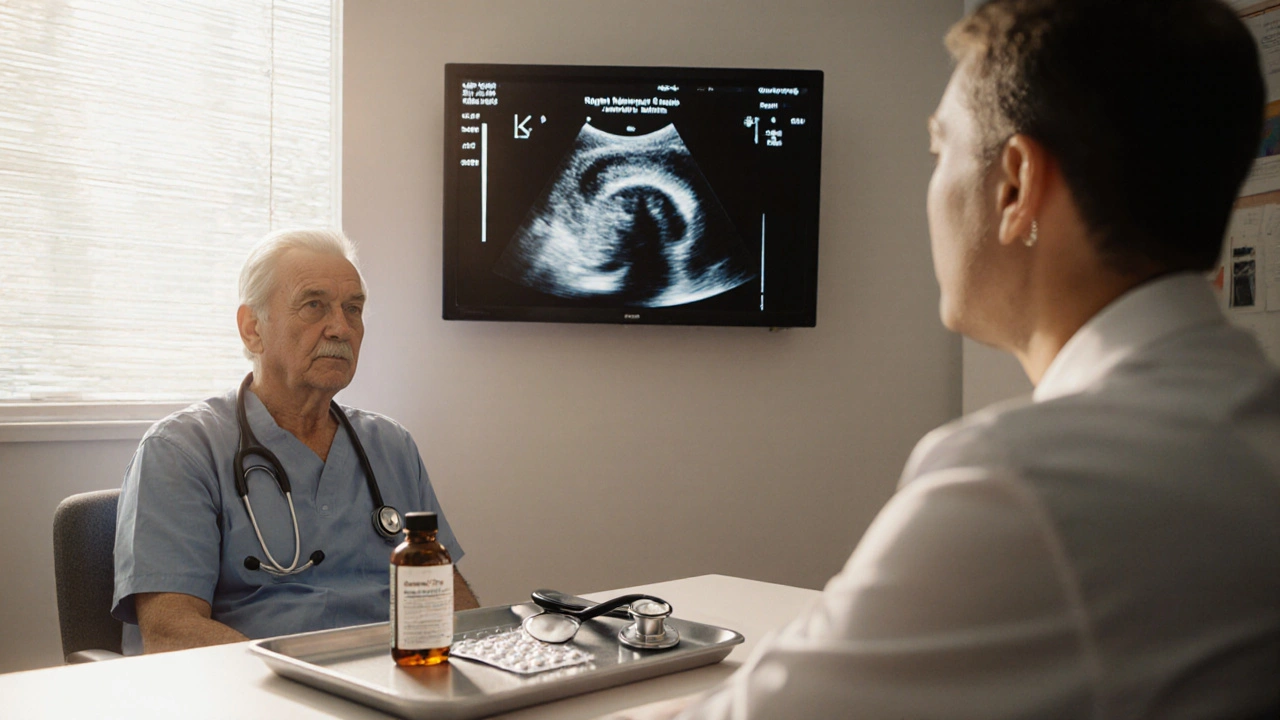 Doctor reviewing a patient&#039;s echocardiogram in a clinic with PAH medication bottles on the table.