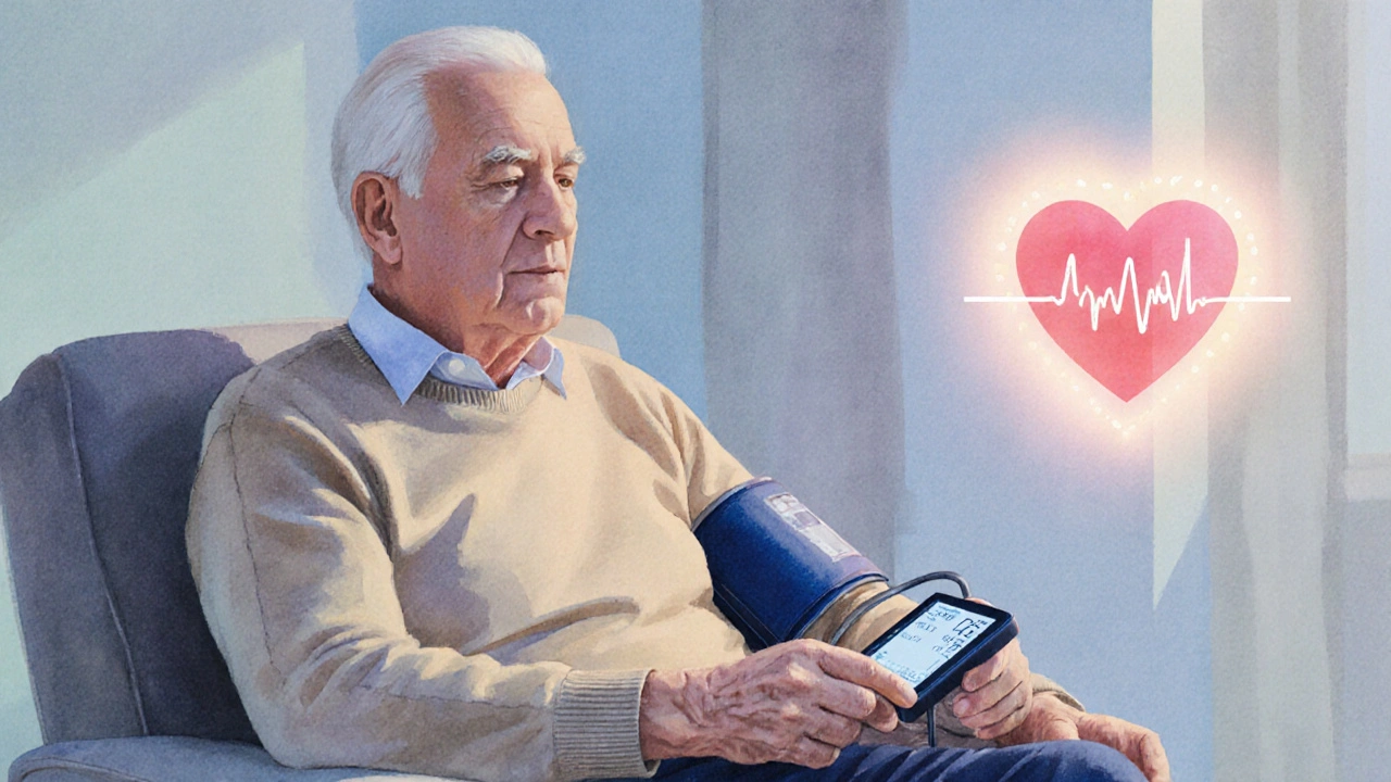 Elderly man checking his blood pressure at home, looking relieved.