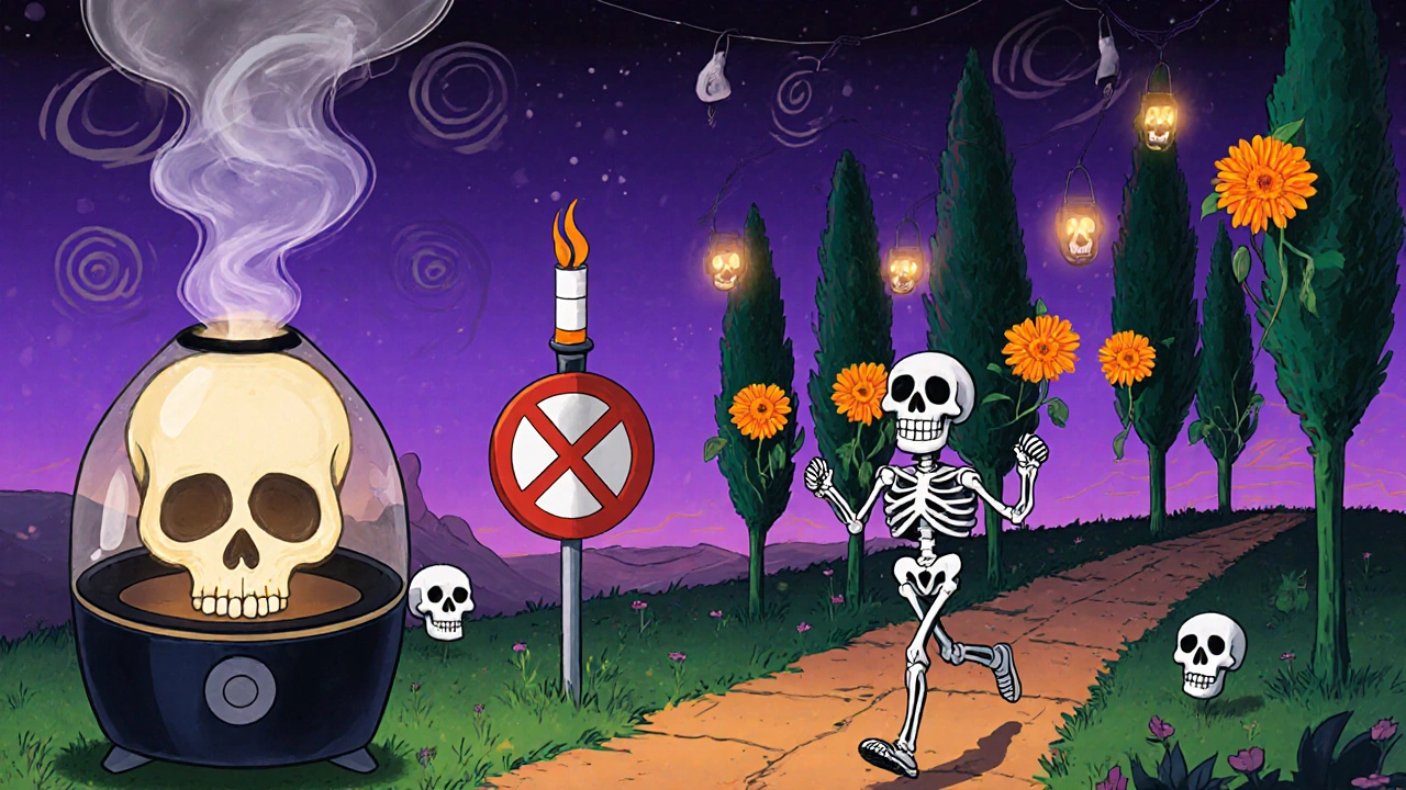 Festive skeleton figures practicing breathing and walking beside a humidifier.