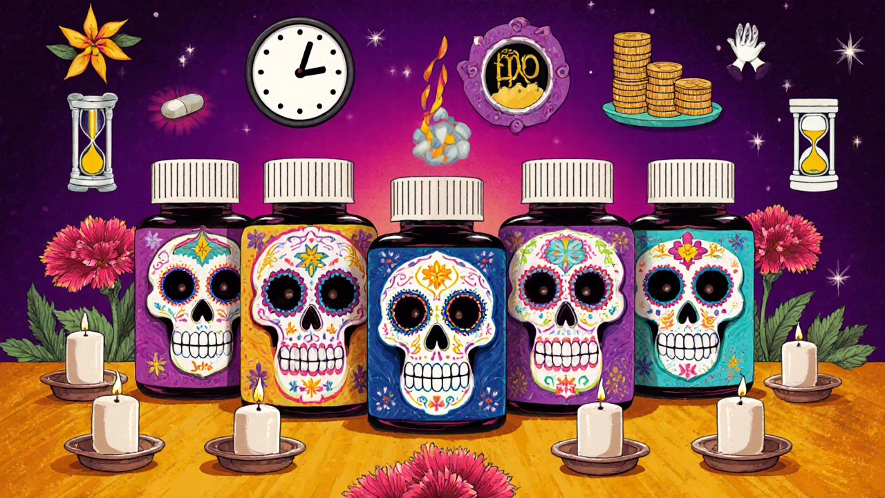 Five pill bottles with distinct Day of the Dead designs showing symbols for onset, duration, and price.