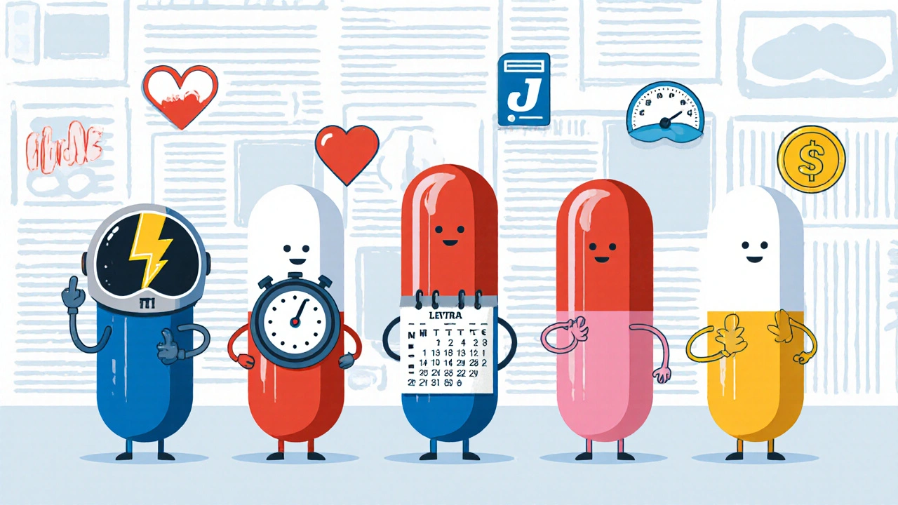 Five pill characters showing speed, duration, price, and side‑effect icons.