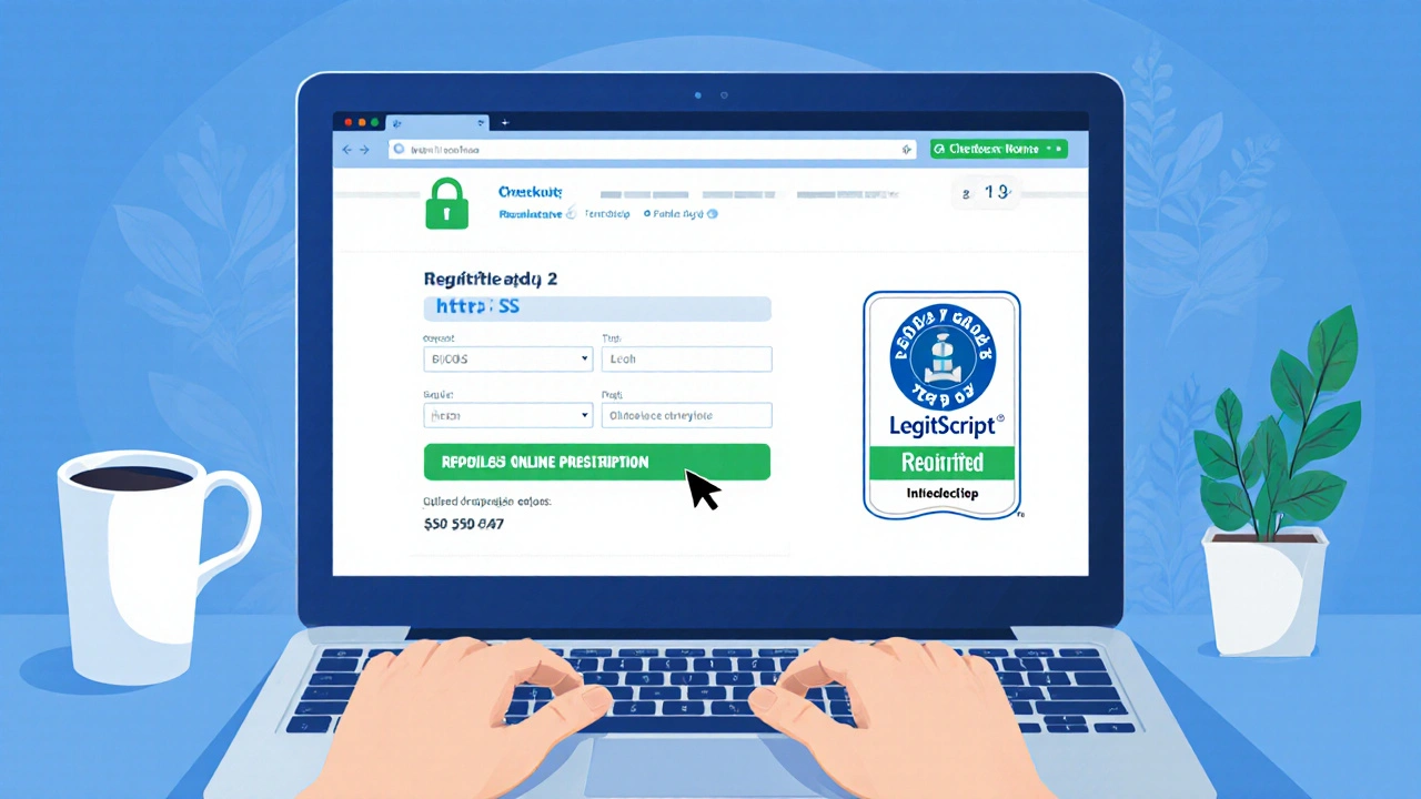 Illustration of a laptop checkout page showing security icons and an upload button.