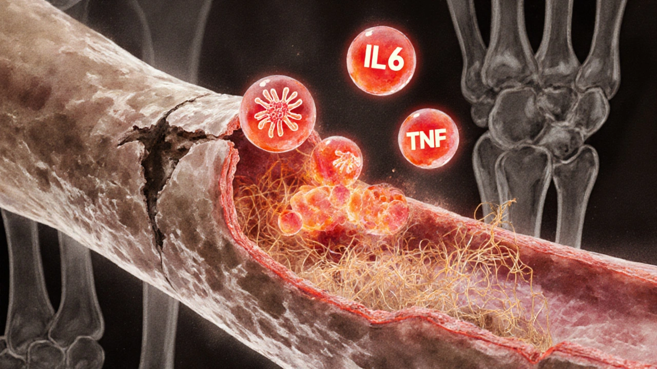 Illustration of cytokines damaging a pulmonary artery, causing wall thickening and lumen narrowing.