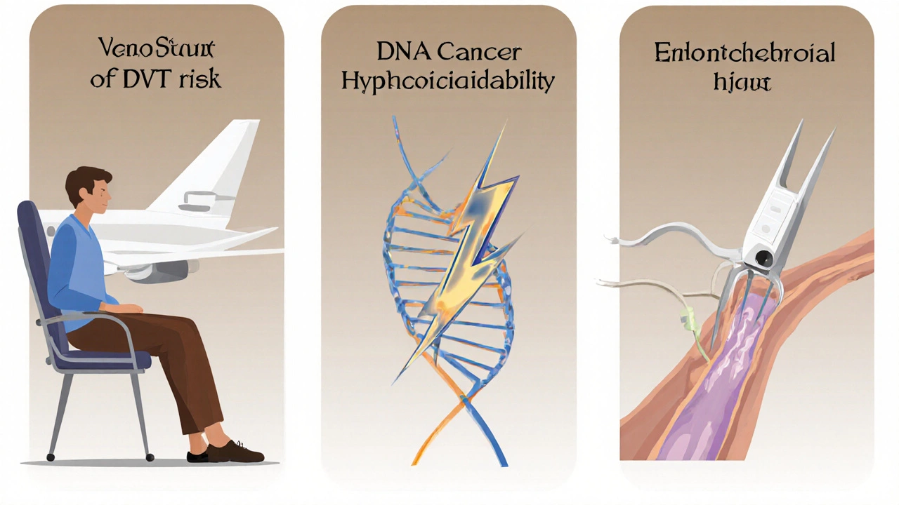 Illustration of three DVT risk factors: immobility, genetic clotting, and vein injury.