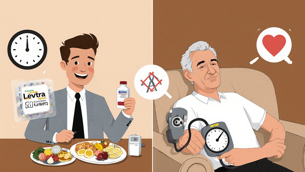 John at brunch with fast‑acting pill timer; Sam on couch with daily Cialis and health icons.