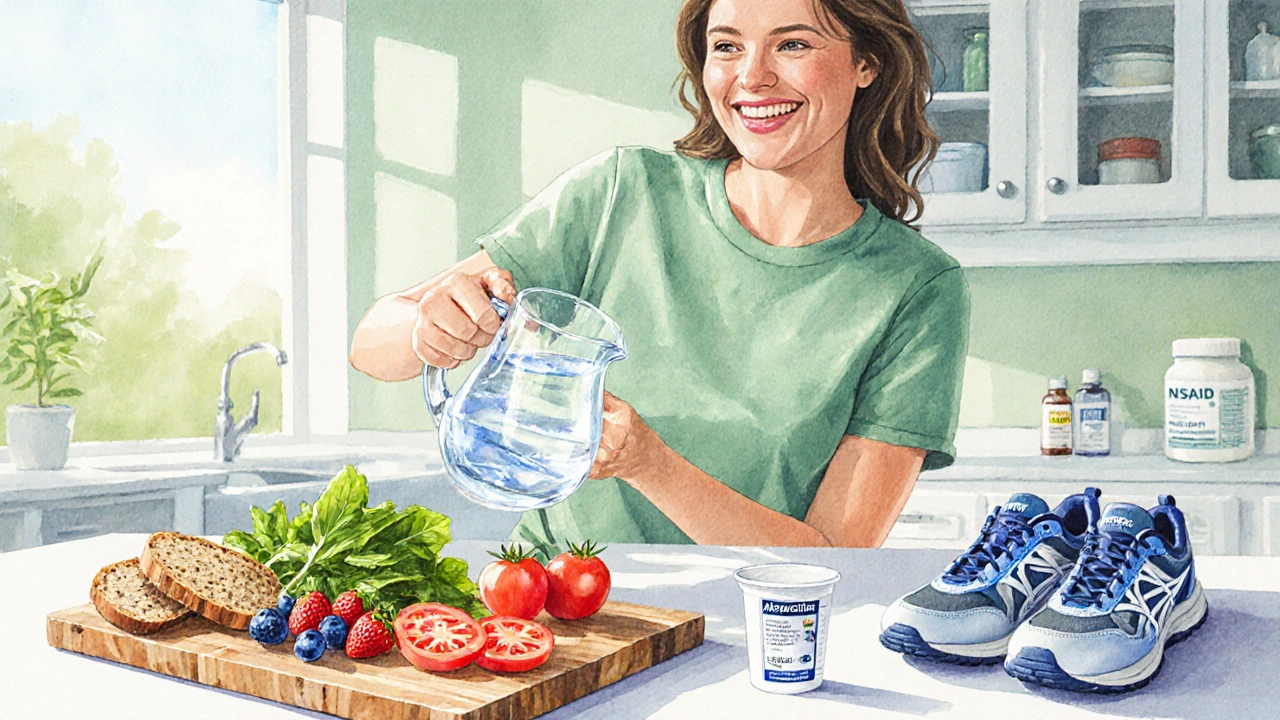 Kitchen scene with water, berries, vegetables, yogurt, and supportive shoes.