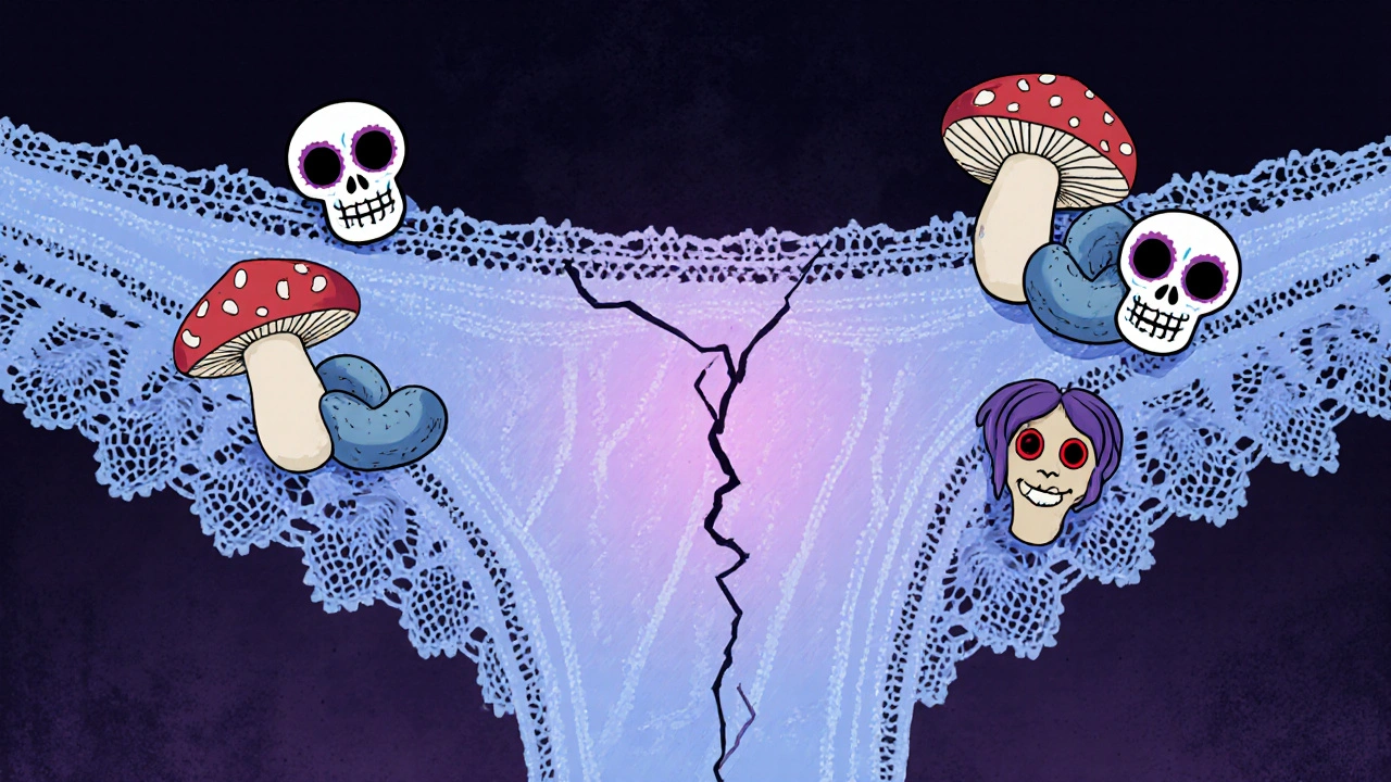 Lace‑like vaginal wall with cracks, cute skull bacteria and red yeast mushrooms.