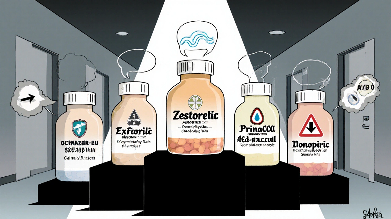 Lineup of five hypertension pills with icons for mechanisms, cost, and side‑effects.