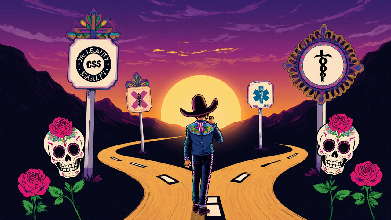 Man in traditional outfit at a crossroads with icons for cost, legality, and health, surrounded by skulls and roses.