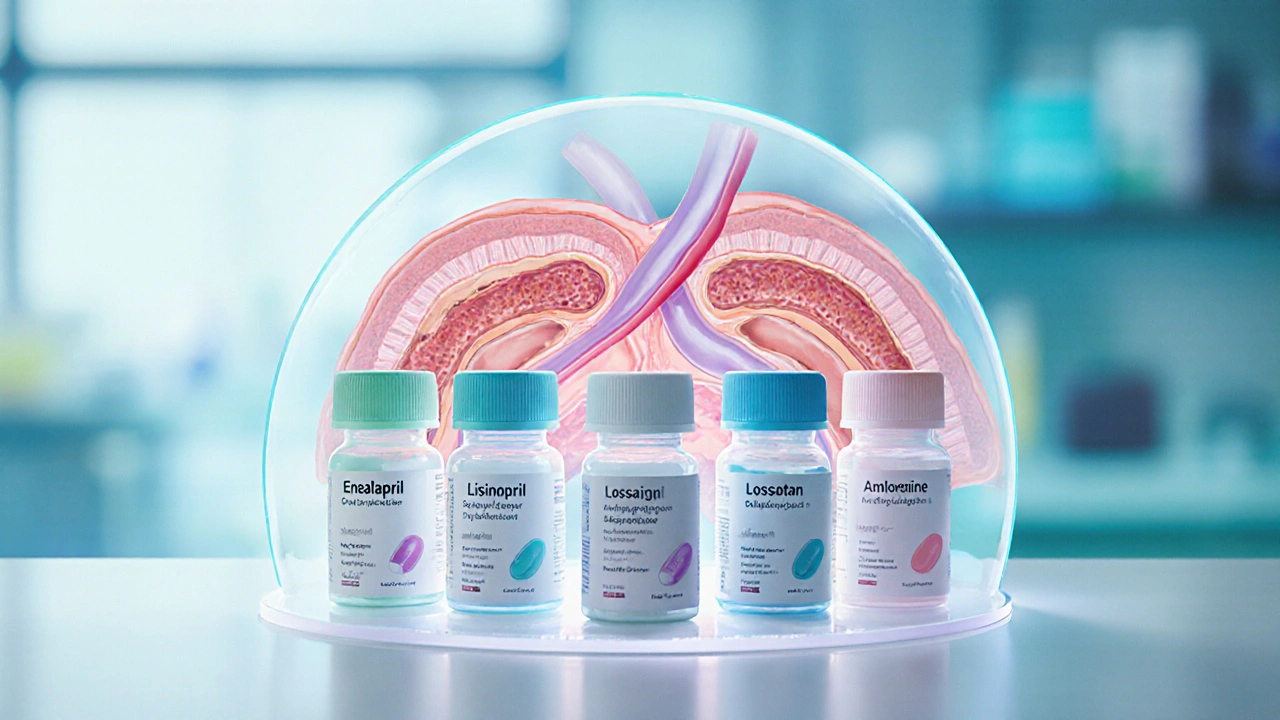 Medication bottles beside a transparent artery illustration showing dilated vessels.