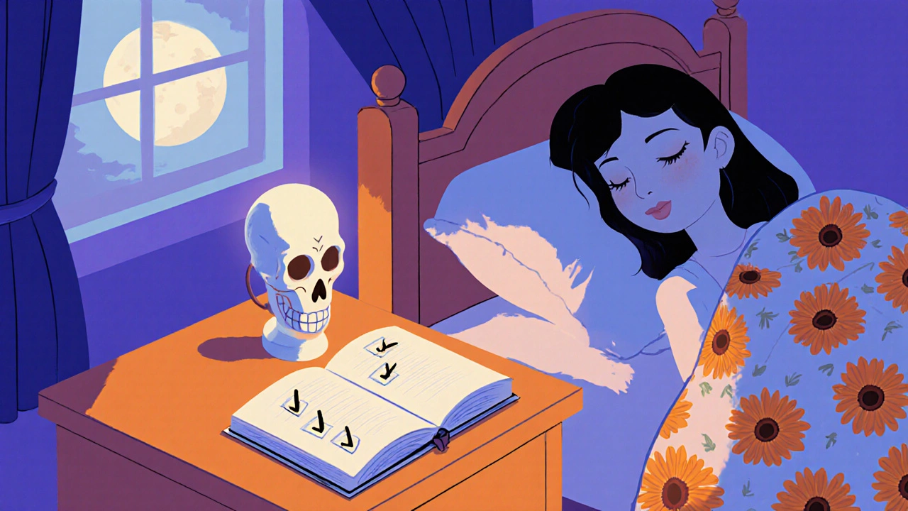 Nighttime bedroom with journal checklist and calm figure, skull‑themed decor.