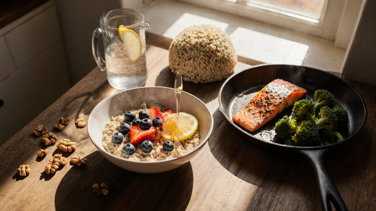 Oatmeal with berries and walnuts, and grilled salmon with quinoa and broccoli on a kitchen counter.