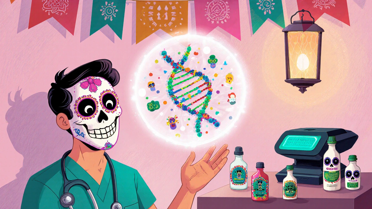 Oncologist with ctDNA helix and drug bottles illustrated in Day of the Dead style.