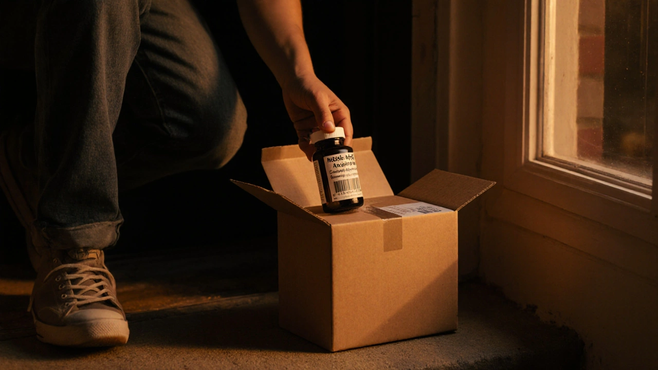 Person opening a discreet box to reveal a sealed Ativan bottle with an NDC label.