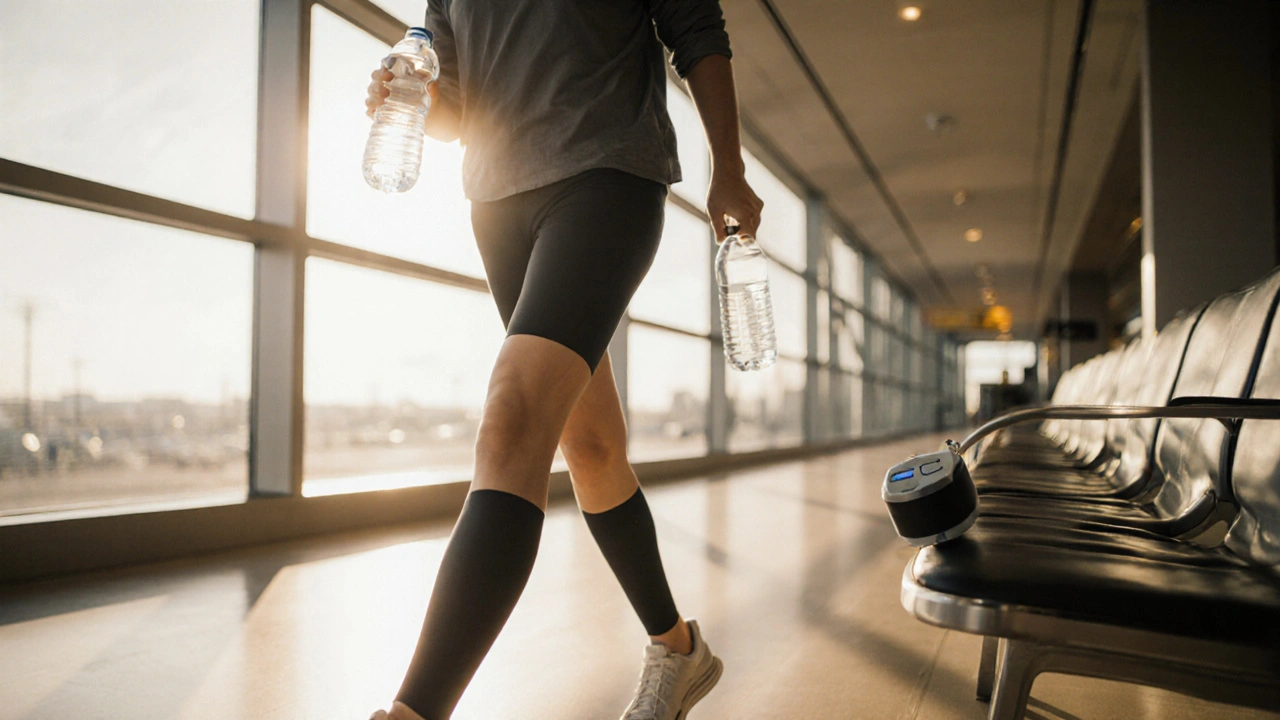 Person walking in an airport wearing compression stockings and carrying a water bottle.