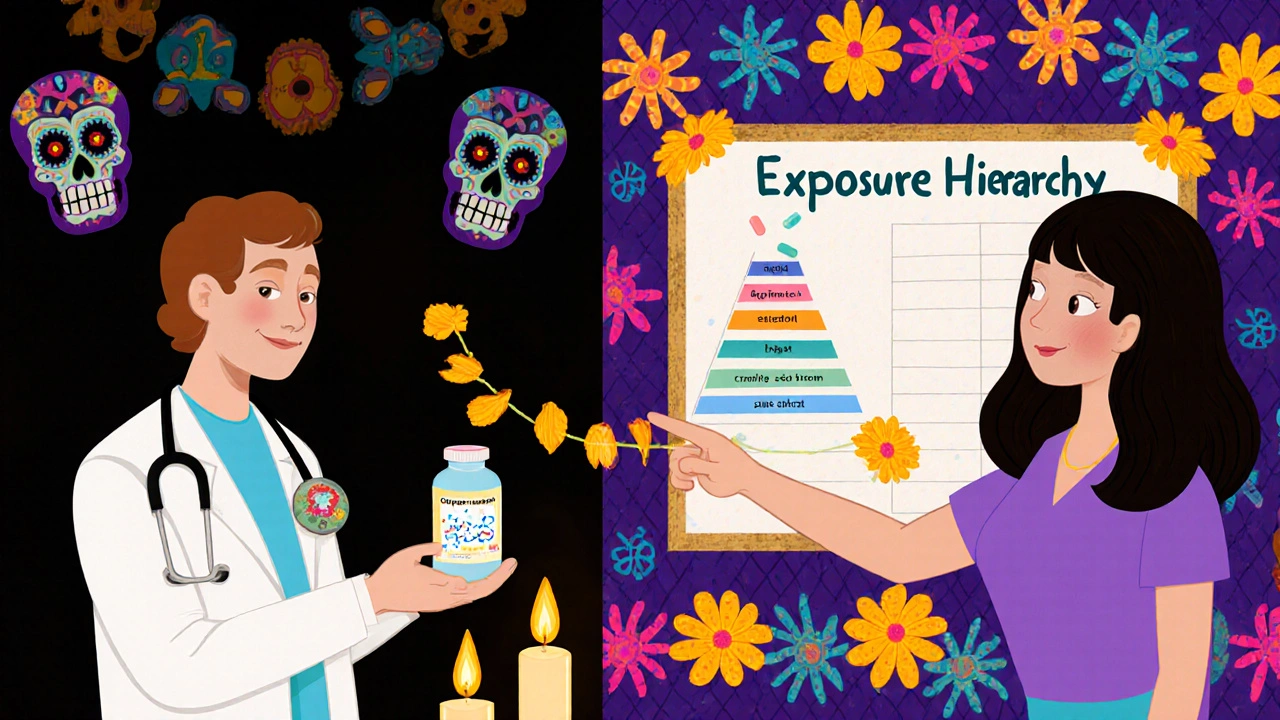 Psychiatrist giving pill bottle and therapist showing exposure chart, linked by marigold petals.