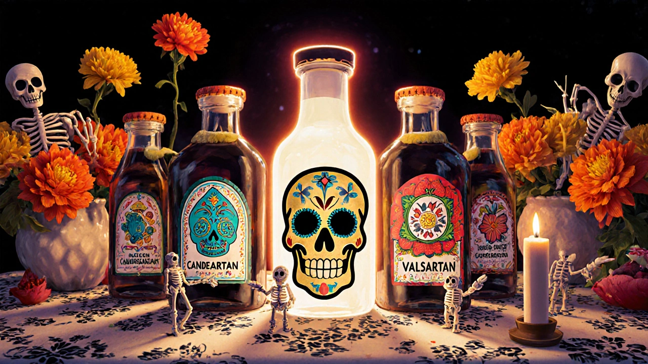 Row of Day of the Dead‑styled medication bottles highlighting Candesartan.