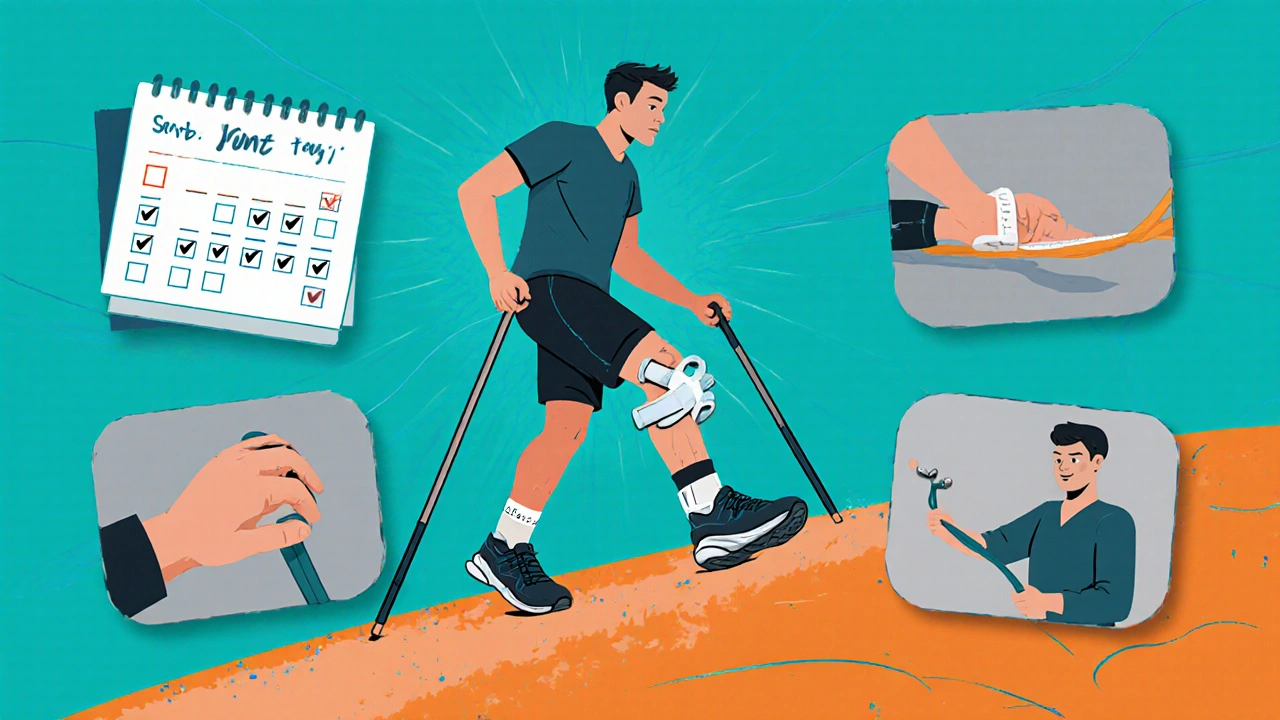 Series of activities showing joint‑protective exercise, water intake, and braces.