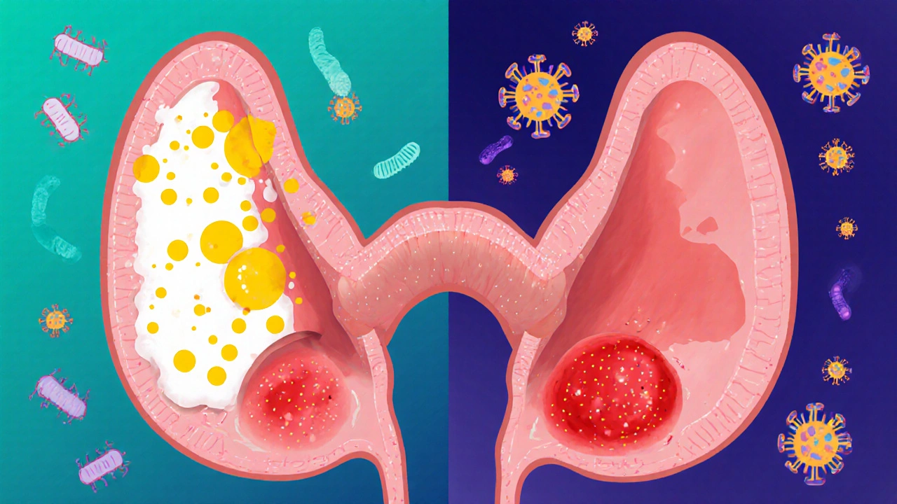Side‑by‑side illustration of bacterial tonsillitis with pus and viruses causing milder inflammation.