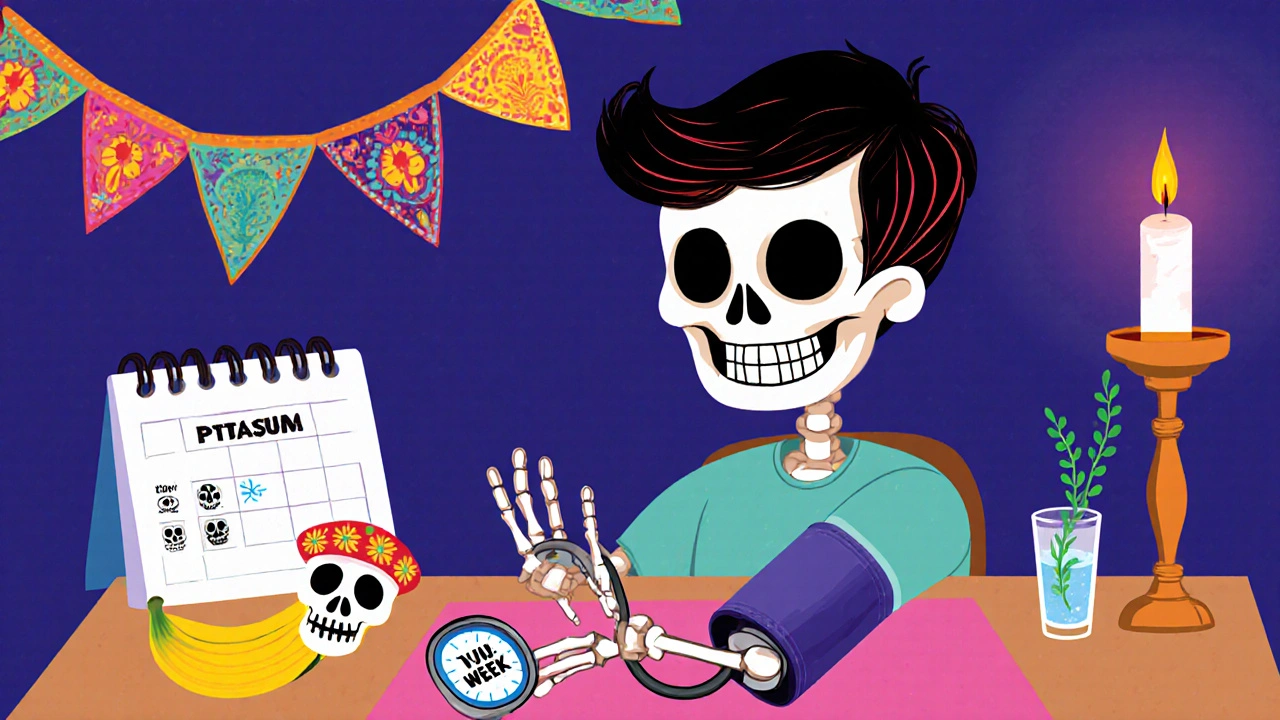 Skeleton patient checking blood pressure with calendar and potassium food hints.