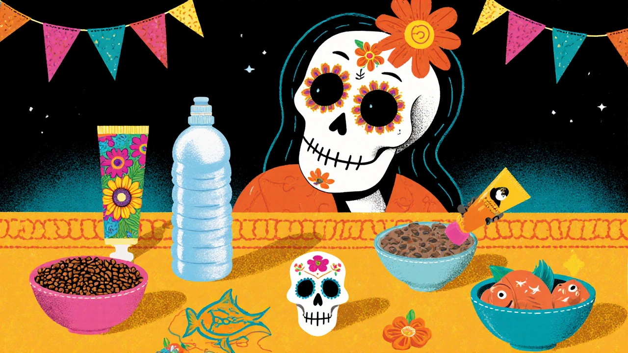 Smiling calavera at a table with water, lubricant, moisturizer, and healthy foods.