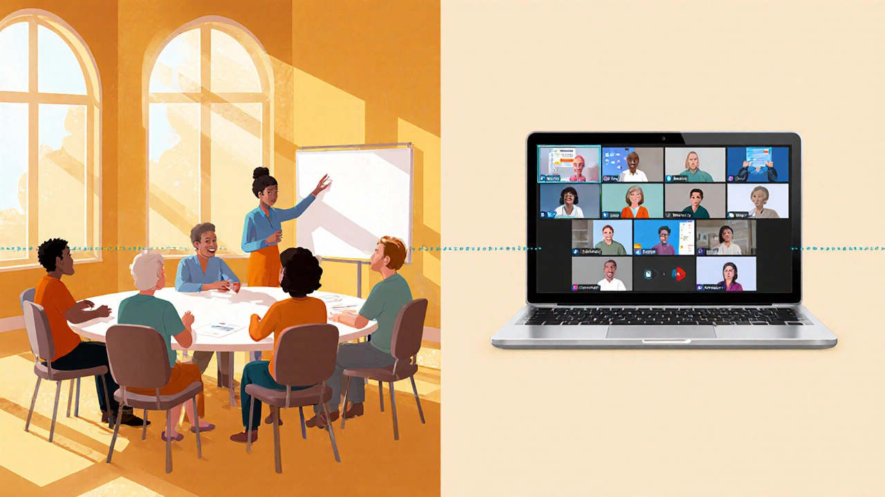 Split view showing an in‑person community group and an online video chat meeting.