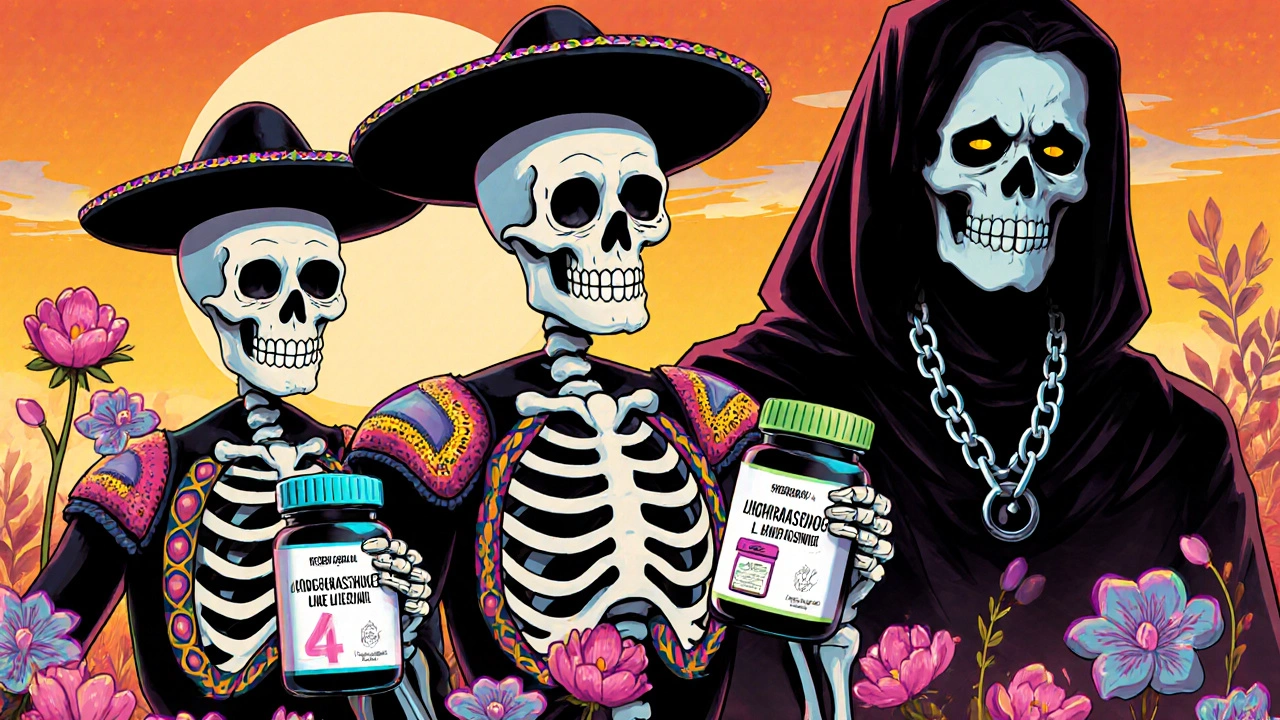 Three skeletal patients holding alternative medication bottles, standing beside flowers while Seroquel fades behind them.