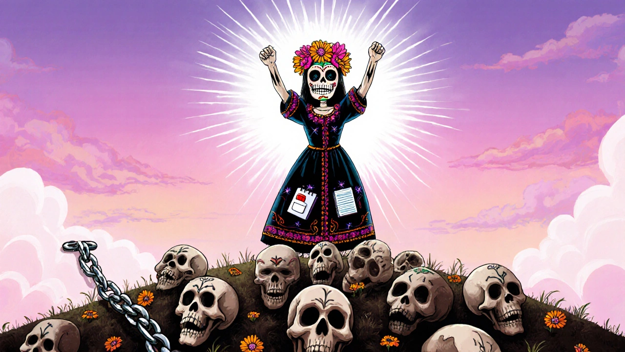Victorious figure on hill of skulls with marigold halo, indicating recovery.