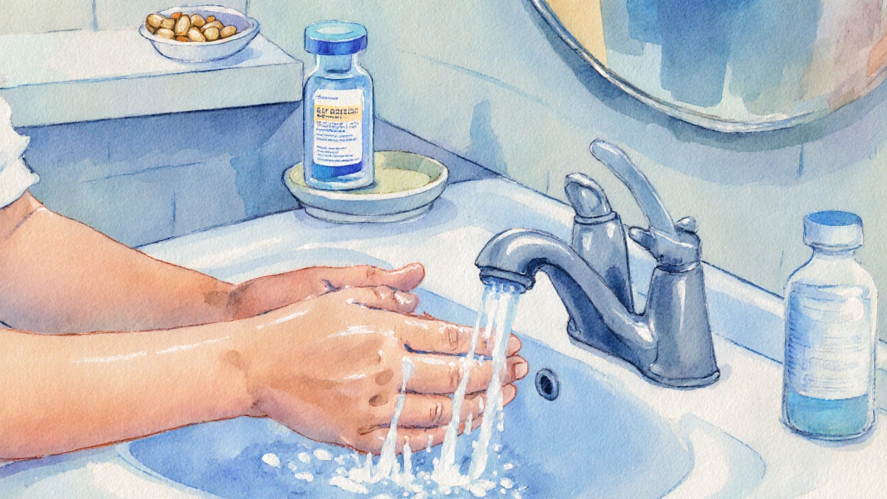Watercolor of a child washing hands with vaccine vial and probiotic bottles nearby.