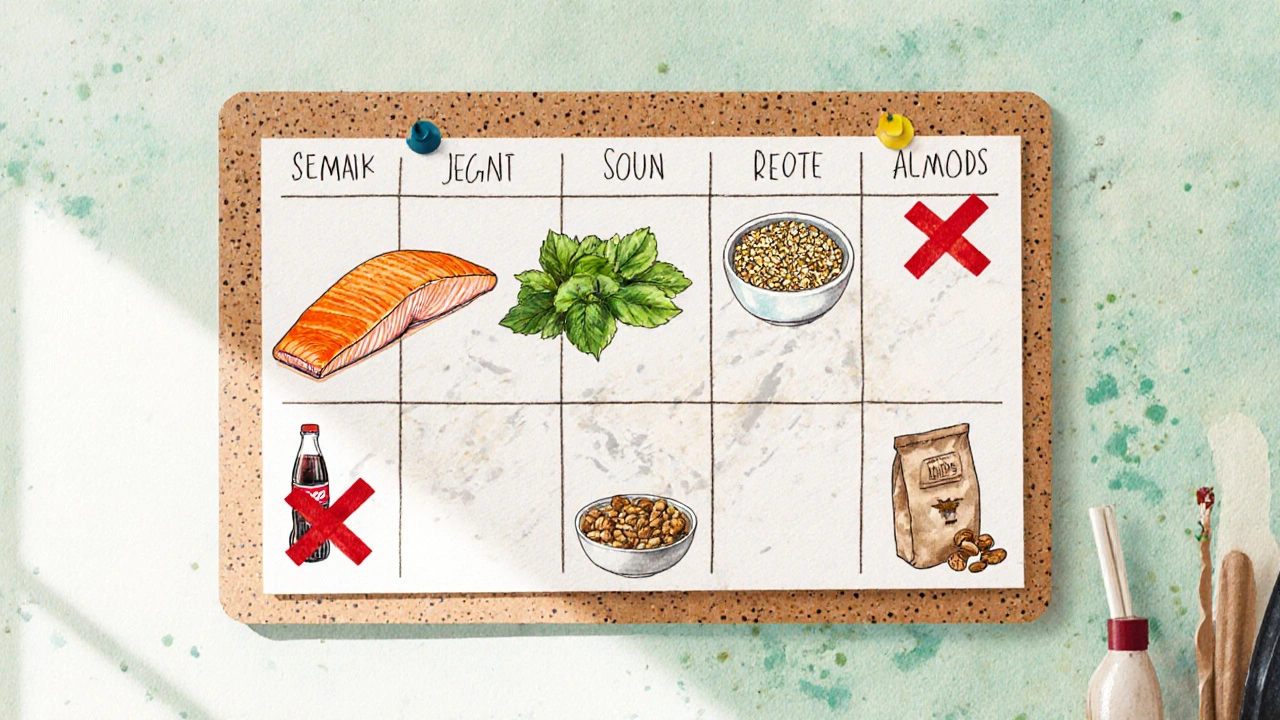 Weekly meal‑planning board showing icons of healthy foods and crossed‑out soda.