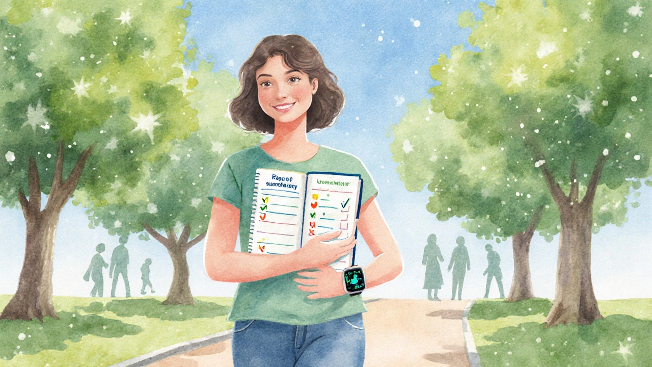 Woman walking in a park, checking her bladder diary and feeling empowered.