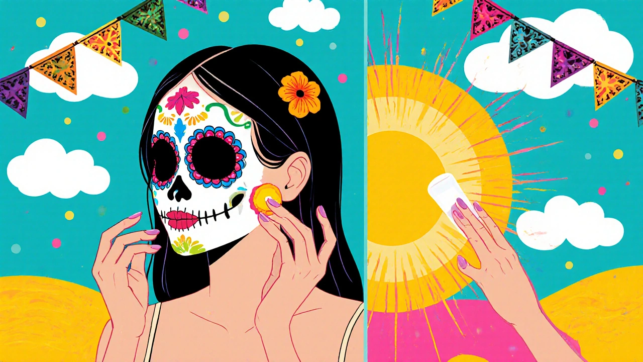 Woman with Day of the Dead makeup applying azelaic acid, showing before‑after skin tone improvement.