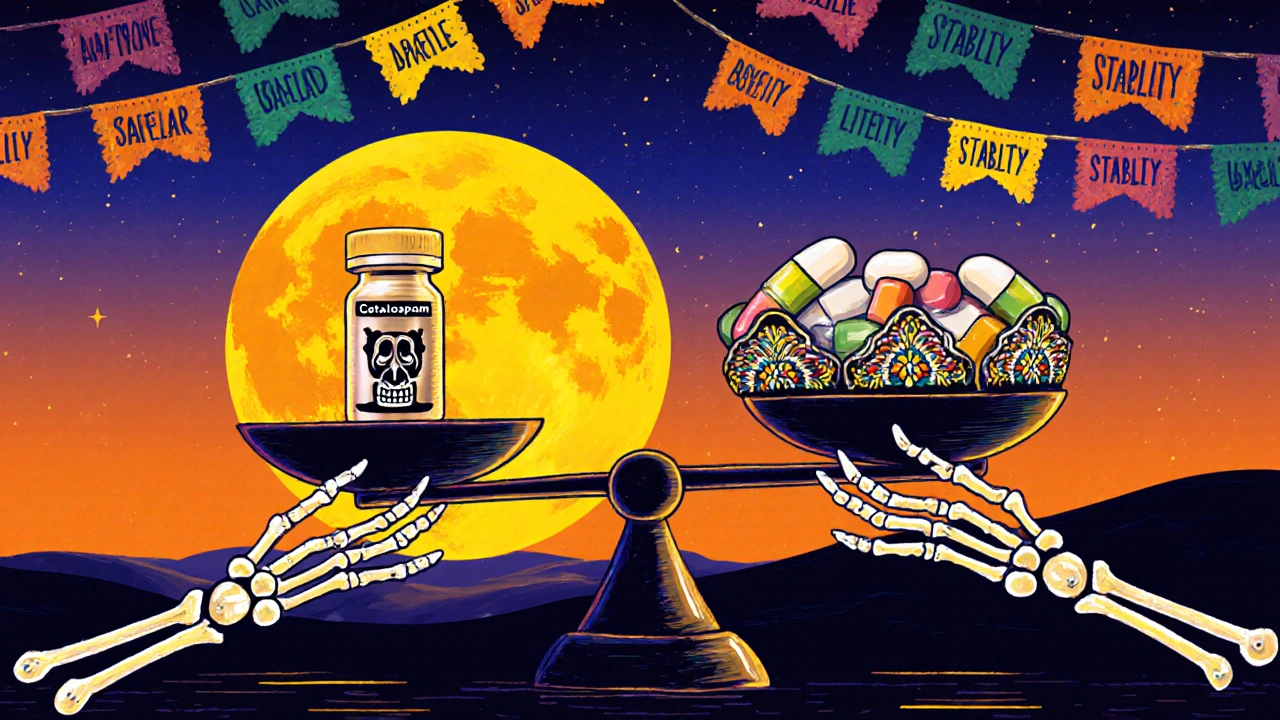 A balanced scale with citalopram versus safer bipolar medications, held by skeletal hands, under a merged sun-moon sky in Day of the Dead aesthetic.