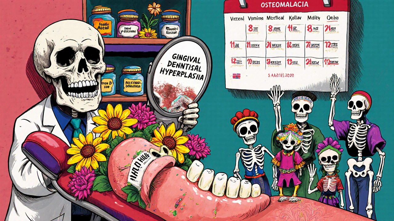 A dental patient’s gums bloom into marigolds, while skeletal figures display long-term phenytoin side effects like vitamin deficiency and bone softening.