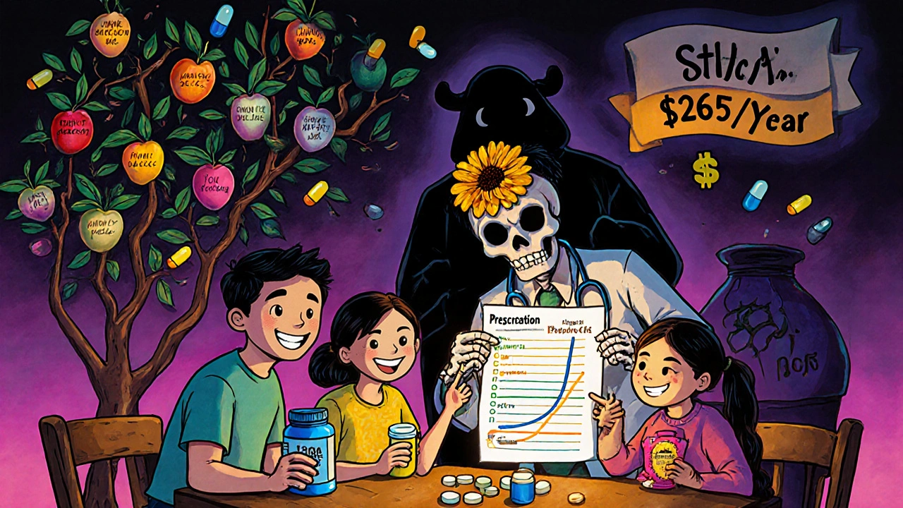 A family at a table comparing pills, guided by a skeletal doctor, with a tree bearing pill fruits and a &#039;Save 5/year&#039; banner.