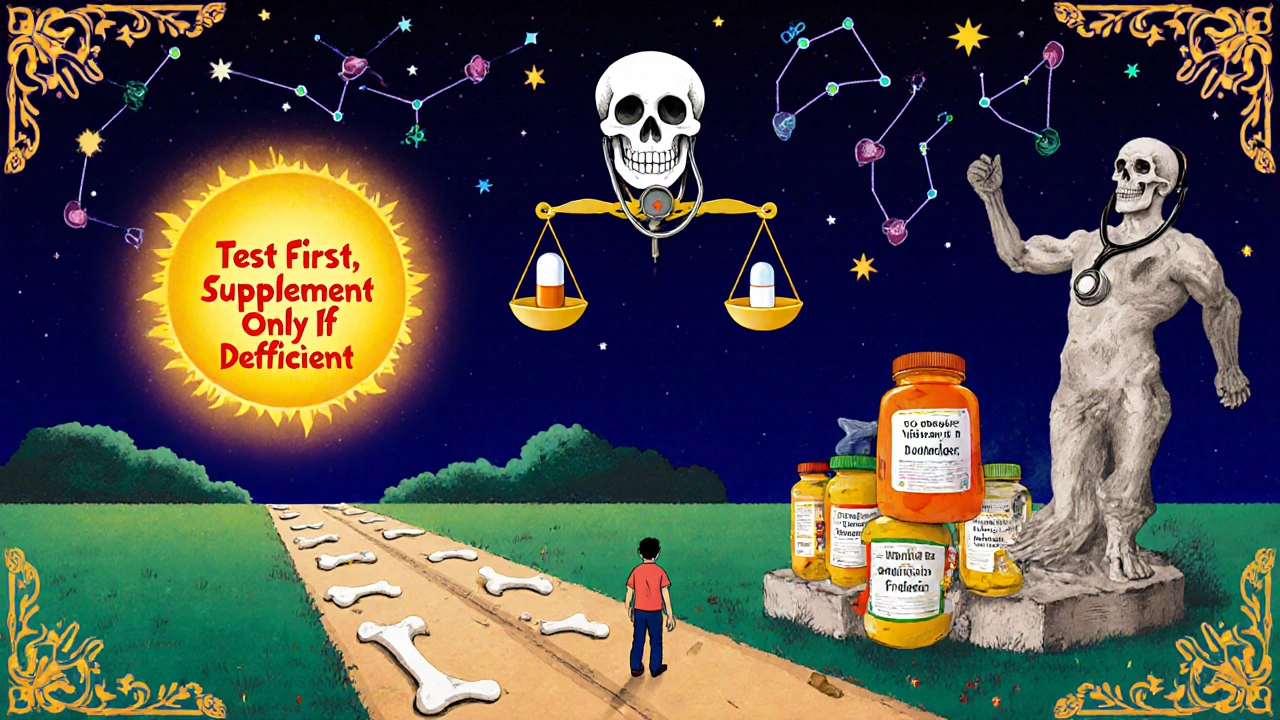 A figure chooses between sunlit health and a pile of vitamin D bottles, framed by sugar skulls and celestial calaveras.