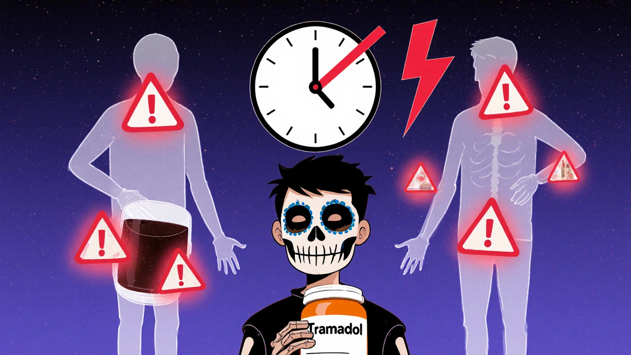 A man with skull paint holds a tramadol bottle as warning symbols float around him, with a clock showing 24-hour seizure risk.