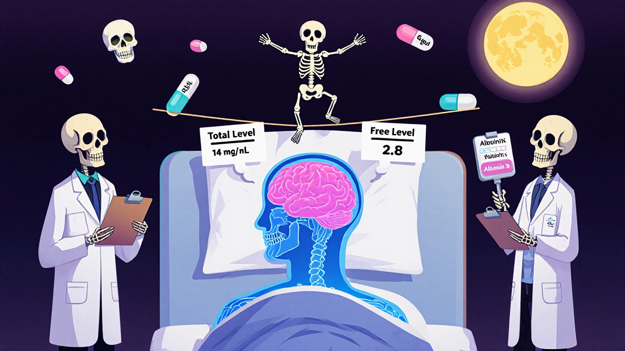 A patient&#039;s translucent body shows a skeleton balancing between total and free phenytoin levels, with generic pills floating nearby.