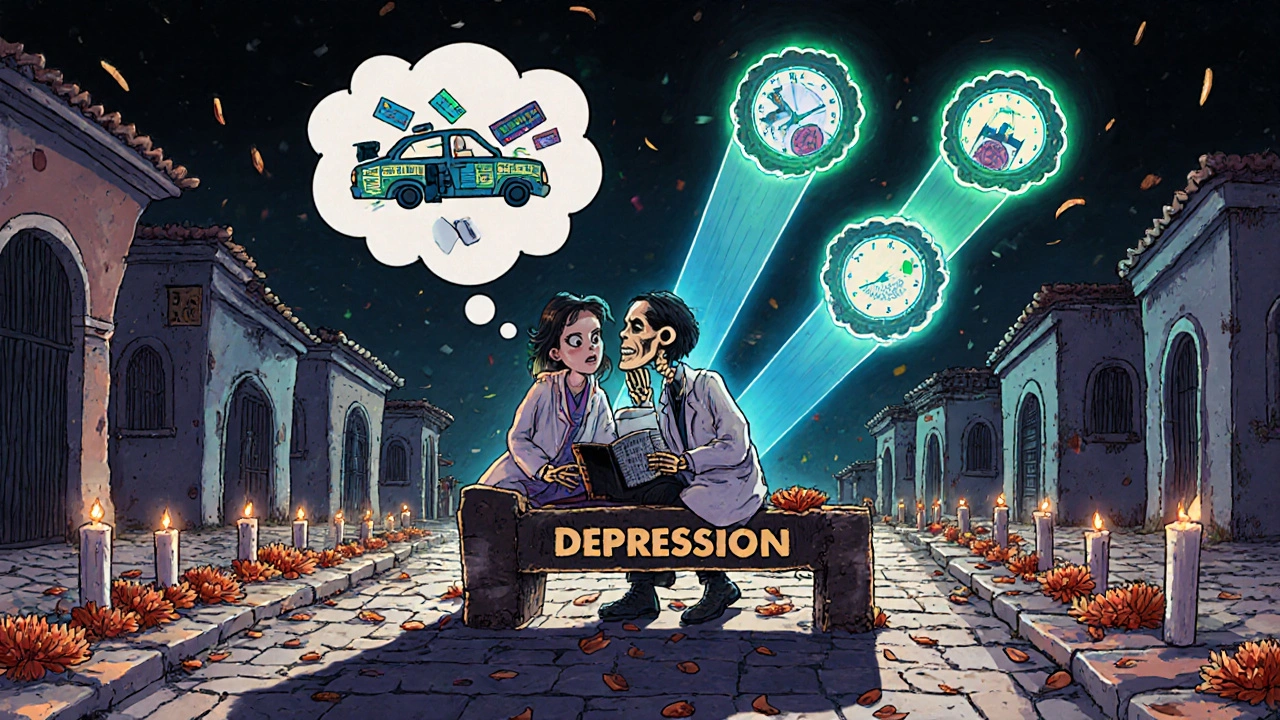 A patient with mood journal, haunted by manic thoughts, while calming mood stabilizers glow as spiritual guardians in a marigold-lit scene.